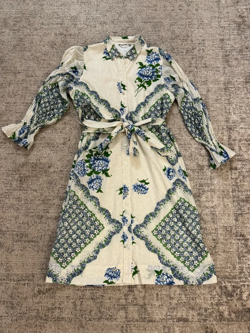 Tory Burch Floral Belted Shirt Dress | Size 14 | 100% Cotton | Blue & Ivory